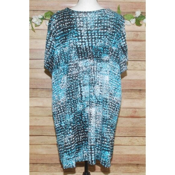 Woman Within Knit Top Short Sleeve Stretch Size 1X 22W 24W Aqua & Black Print - Picture 7 of 11